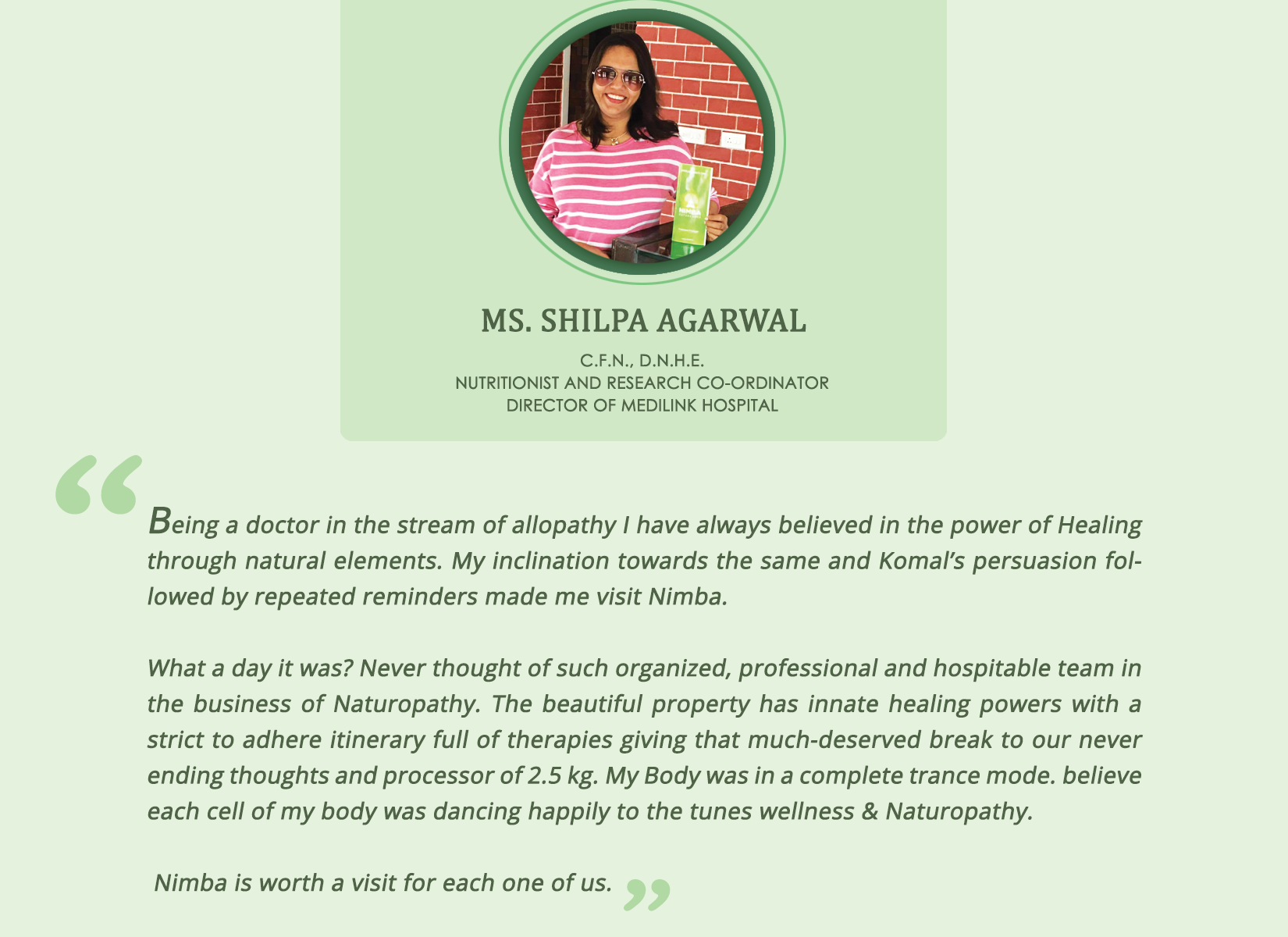 Shilpa Agarwal experienced Naturopathy